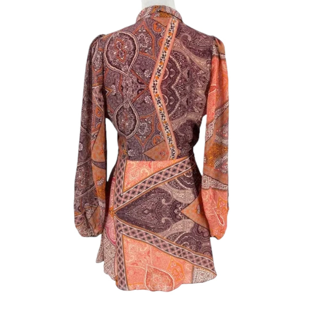 Divine Heritage Orchid Floral Paisley Print Tie Neck Mini Dress