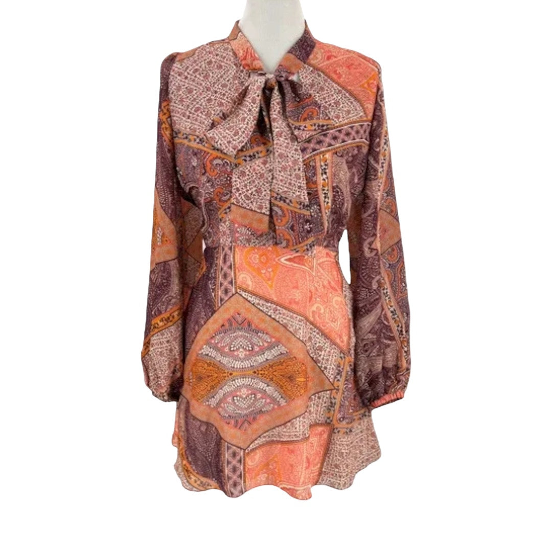 Divine Heritage Orchid Floral Paisley Print Tie Neck Mini Dress