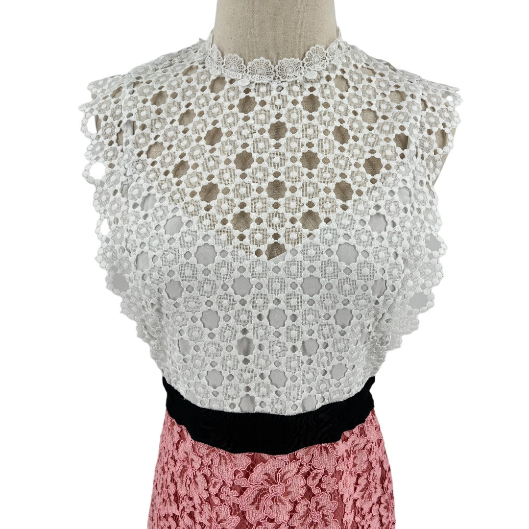 Sandro Gab Floral Lace Pattern Pink And White Eyelet Dress