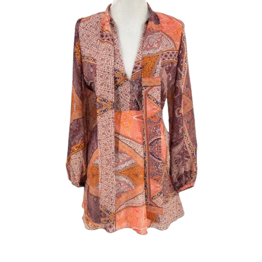 Divine Heritage Orchid Floral Paisley Print Tie Neck Mini Dress